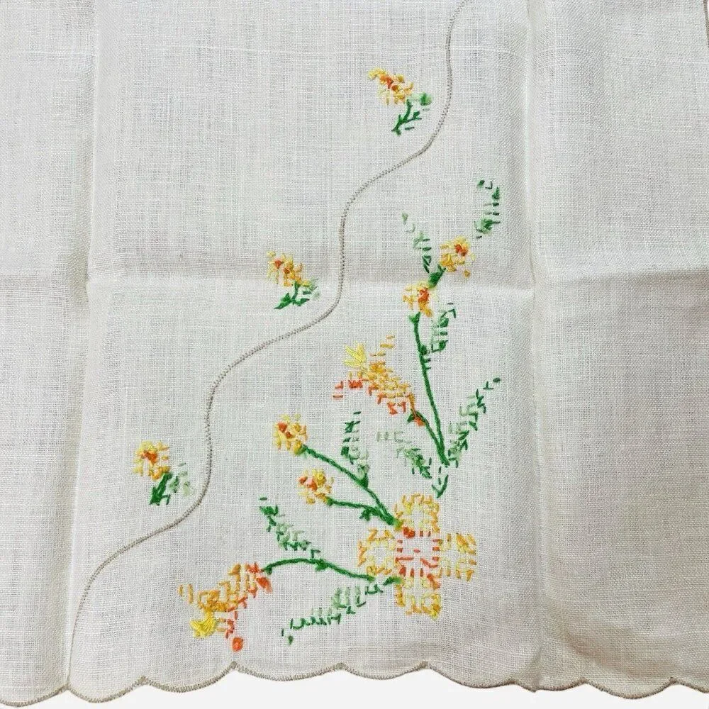 Vintage Embroidered Yellow Orange Flower Linen Tea Towels Set 2 Floral 19 x 12